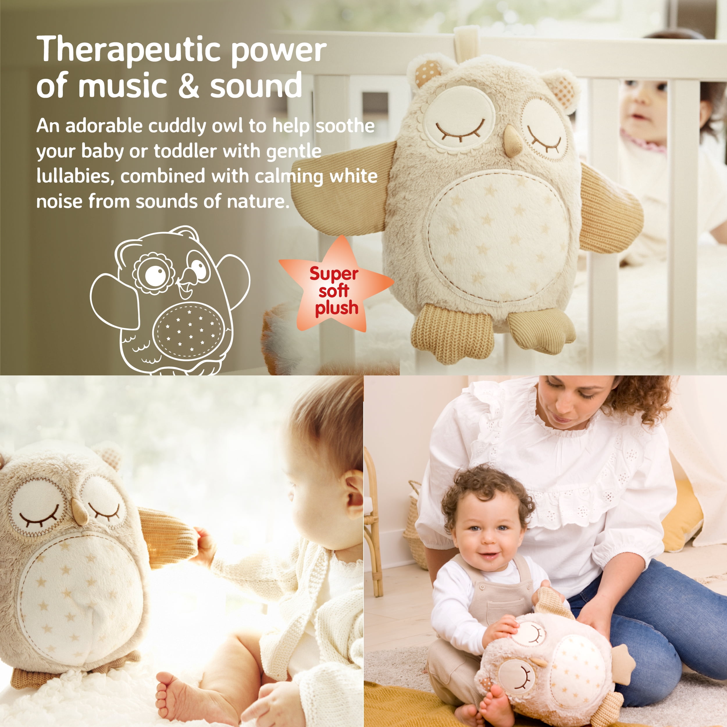 Cloud B | Nighty Night Owl Smart Sensor | Plush Soother with Soothing Sounds for Bedroom Sleep
