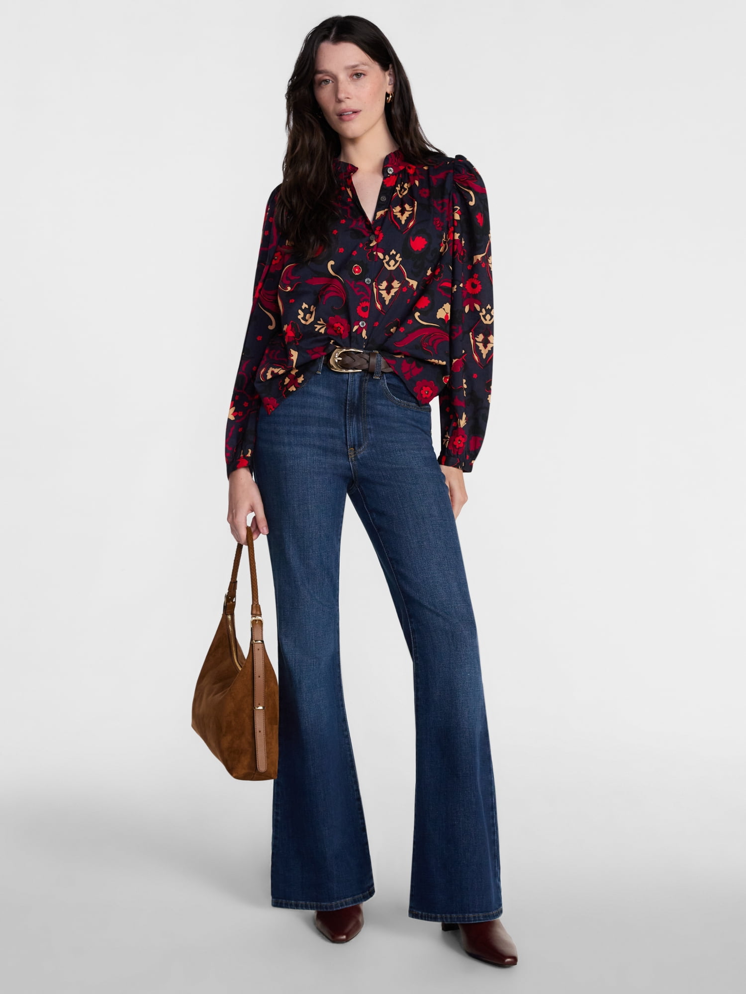 Scenario Women's Ruffle Collar Top with Long Sleeves, Sizes XS-XXXL
