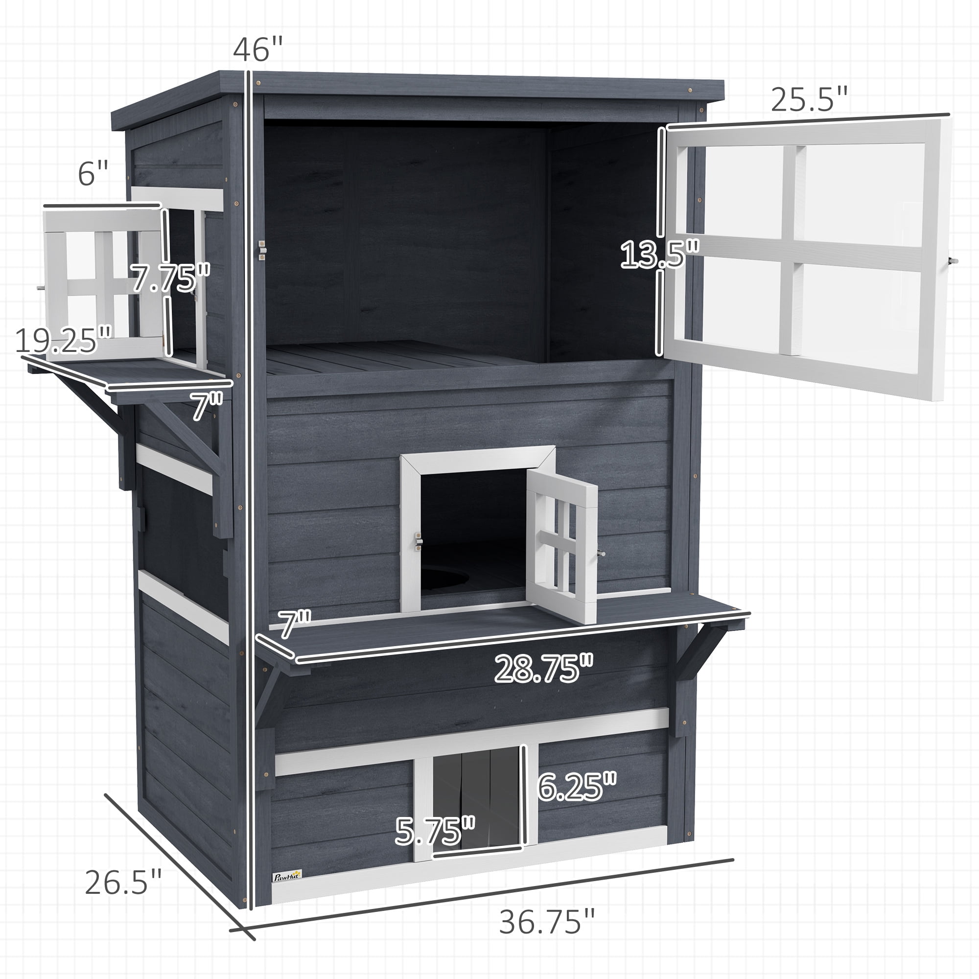 3-Story Cat House Feral Cat Shelter, Outdoor Kitten Condo with Raised Floor, Asphalt Roof, Escape Doors, Jumping Platforms, Dark Gray