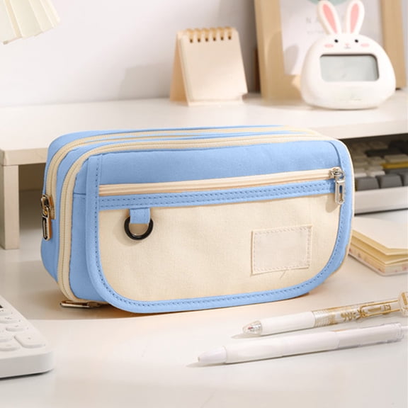 EazyTech Large Capacity Canvas Pencil Case - Multifunctional Stationery Bag Pen Organizer | Durable & Portable Blue