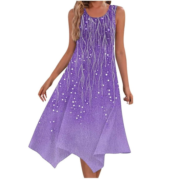 Summer Sun Dresses for Womens 2026 Plus Size Fashion Beach Printing Pockets Tank Round-Neck Sleeveless Tank Dresses