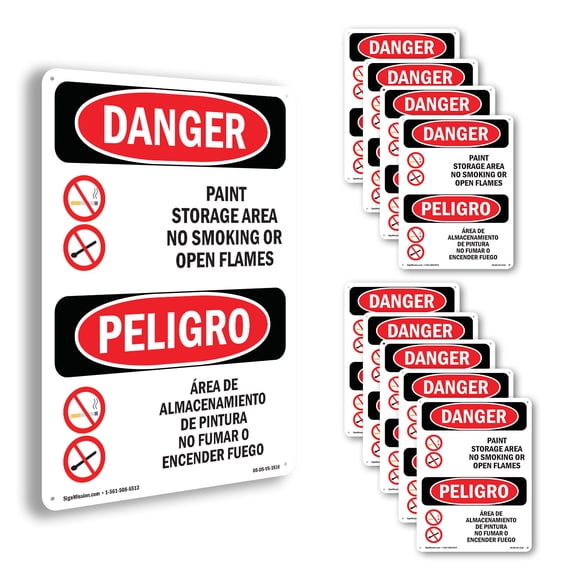 Paint Storage No Smoking Flames Bilingual OSHA Danger Rigid Plastic Sign 18 Inch x 12 Inch - 10 Pack