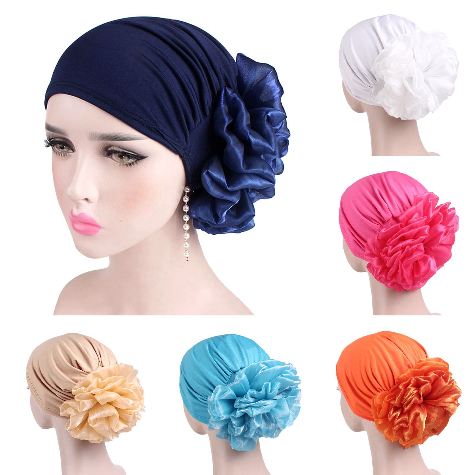 Flower Women Muslim Hats Fake Silk Turabn Scarf Cap Chemo Indain Head Cover Caps 