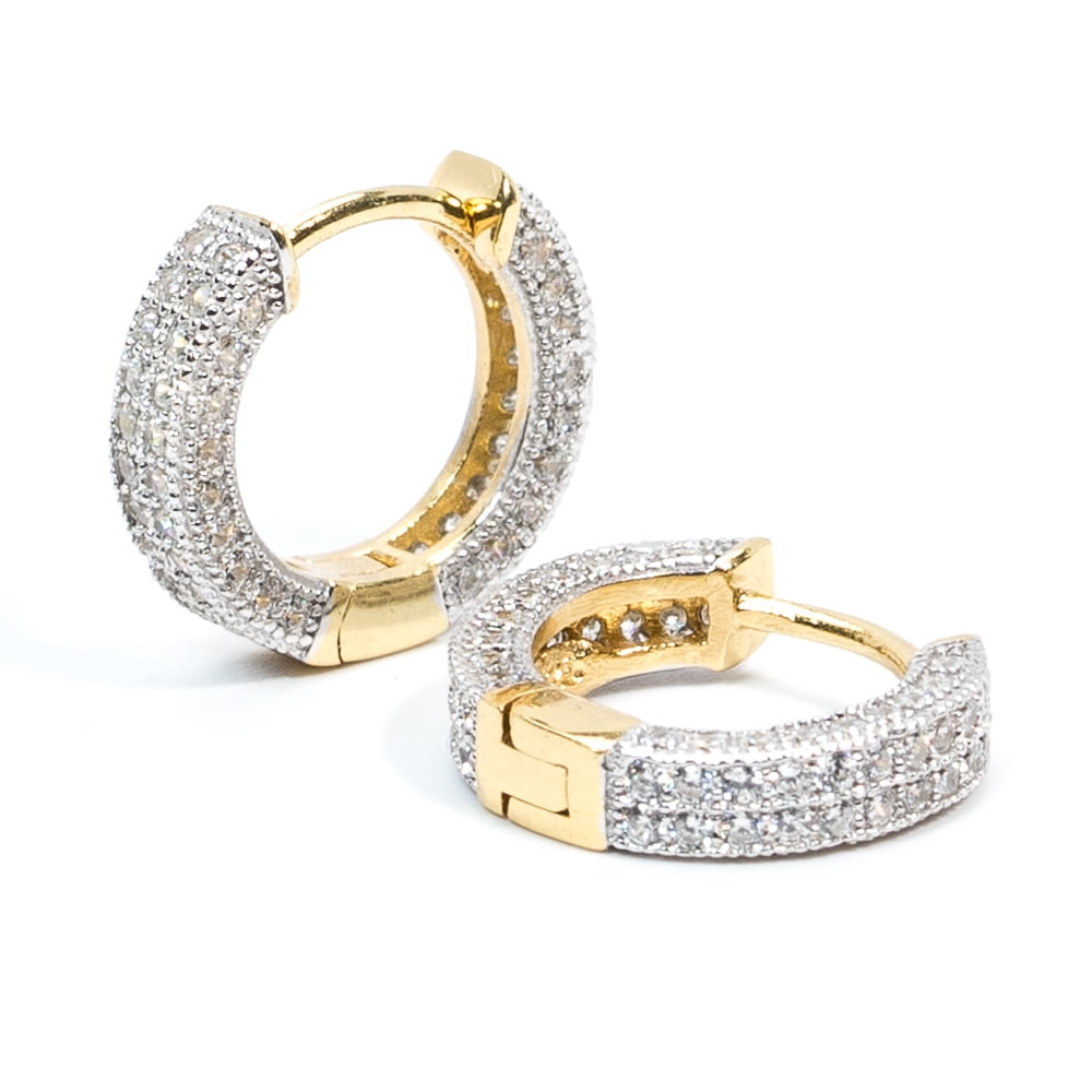 Fully Iced Two Tone Yellow Gold Plated 925 Sterling Silver Post Men's Women's Classic Small Huggie Hoop Earrings