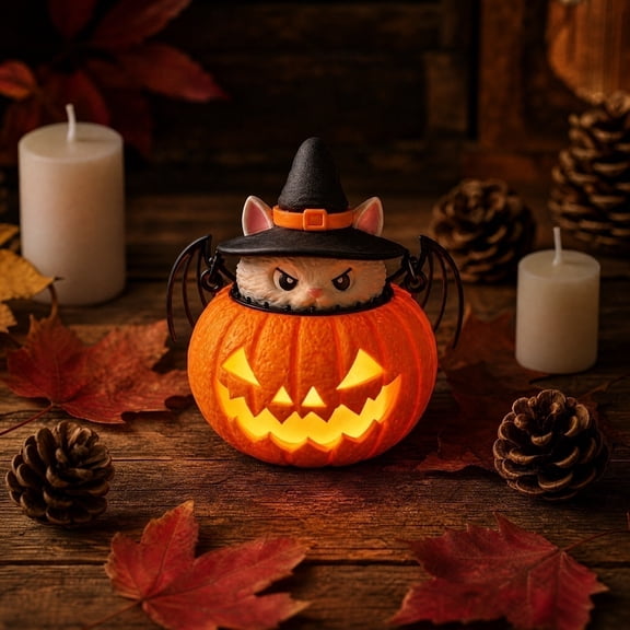 Zydvens 3D Printed Halloween Cat Pumpkin Light - LED Light Up Jack-O'-Lantern Statue with Witch Hat - Cute Glowing Black Cat Figurine Table Centerpiece Decor for Home Desk Mantel Shelf