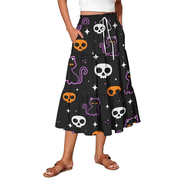 EANJE Halloween Womens Casual Elastic Waist Drawstring Midi Skirt Print Vacation Style A Line Flowy Skirt for Daily Wear Black S