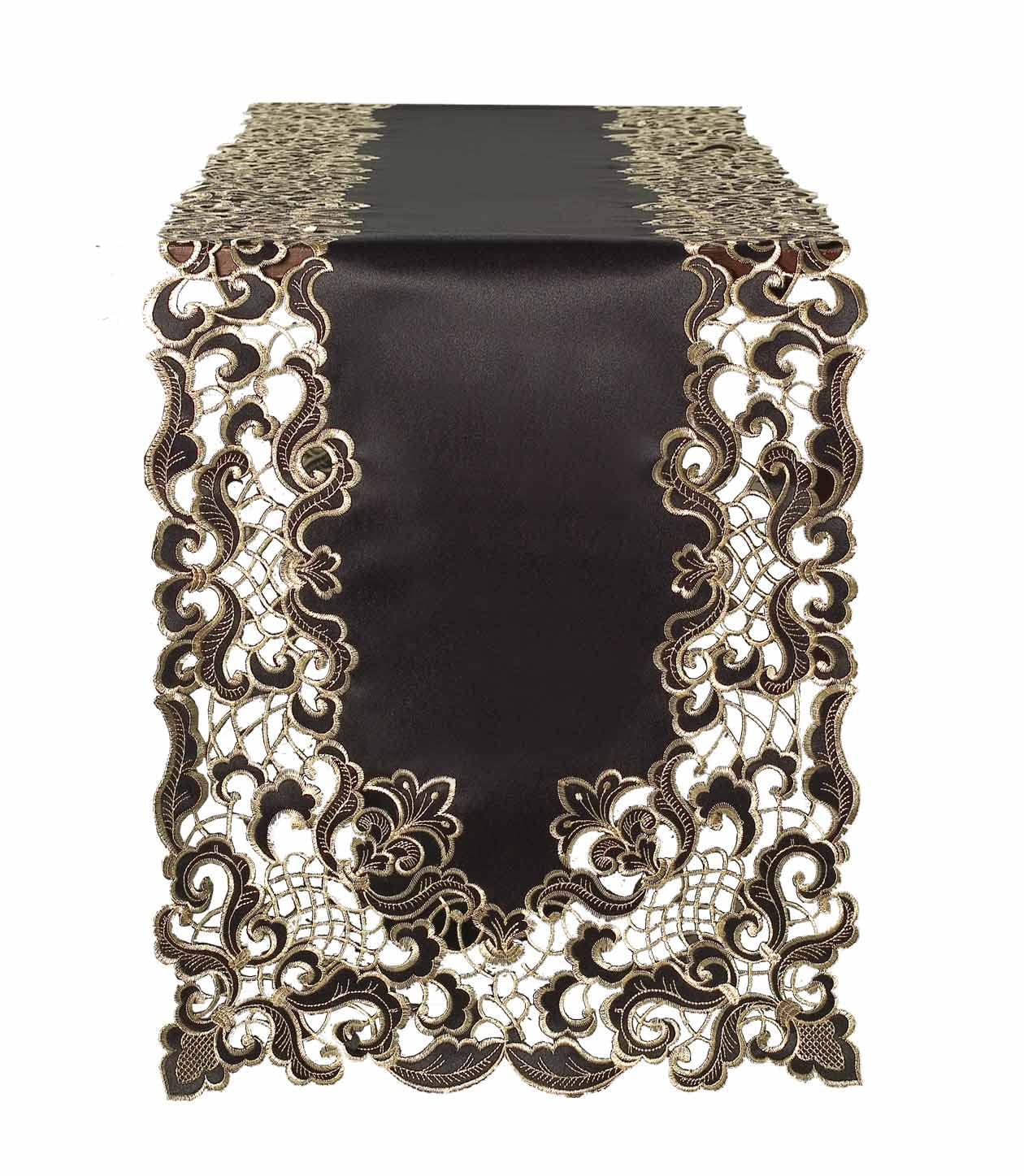 Gold Lace Black Table Runner - Dresser Scarf European Embroidery - Perfect for Kitchen Dining Room Home Decor Wedding Receptions - 14 x 108 inches - The Granada Collection