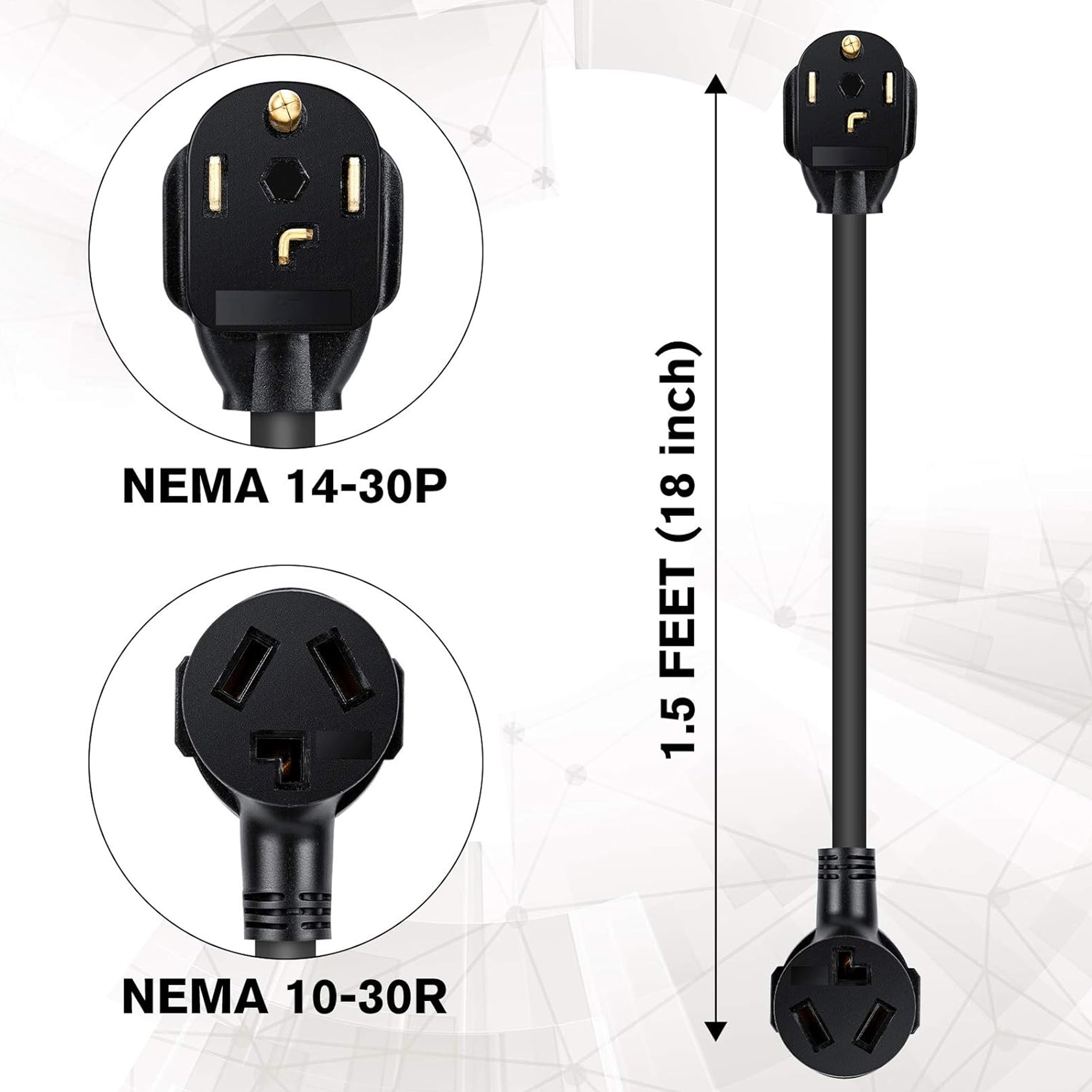 Nextirrer 1.5FT 3 Prong to 4 Prong Dryer Adapter, 4 Prone Dryer Outlet Adapter, 14-30P Male to 10-30R Female Receptacle for Old Clothes Dryer Converter, 30A, 250V
