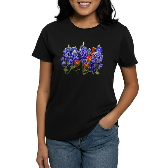 CafePress - BLUEBONNETS AND PAINTBRUSH Women's Dark T Shirt - Women's Traditional Fit Dark T-Shirt