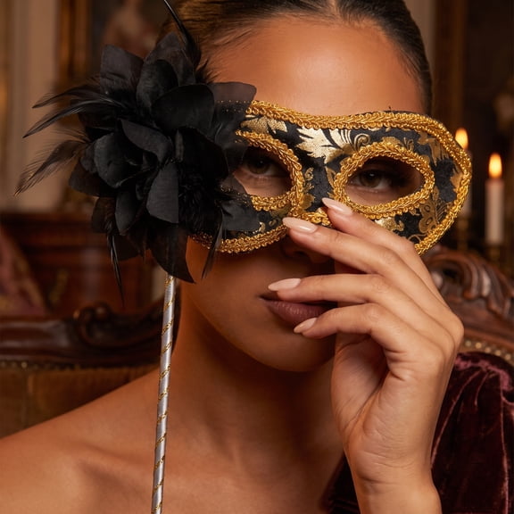 Black and Gold Masquerade Mask, 12 Inch Venetian Masquerade Masks with Stick, Feather Embellished Womens Masquerade Mask for Masquerade Party Mardi Gras Halloween Events, 1 Pack
