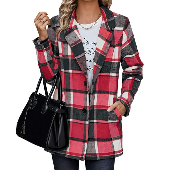 Ahabrexf Hoodie for Women, Plaid Shacket Outerwear Trendy Fall Button Wool Tartan Trench Coat with Pockets