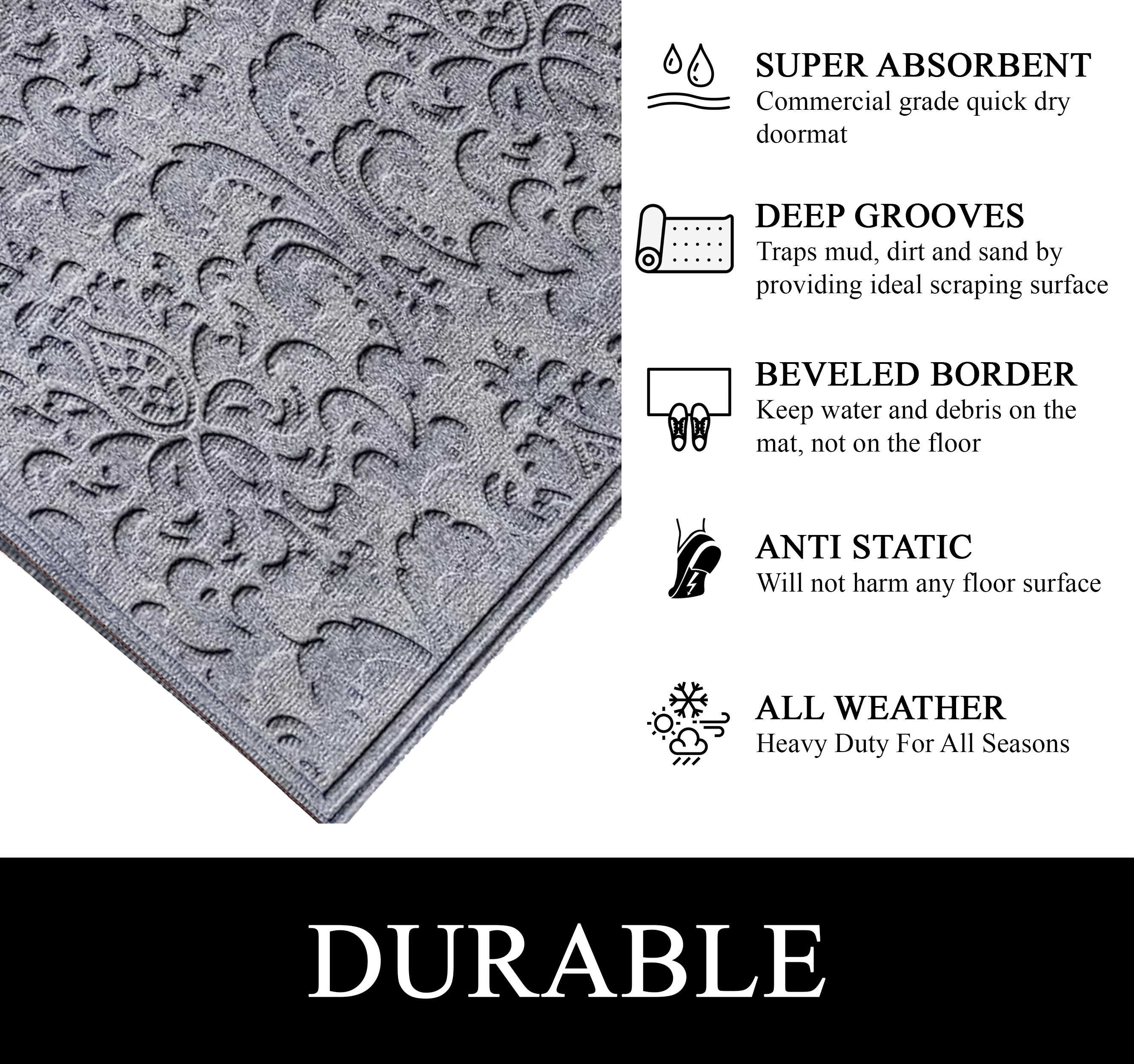 A1HC All Weather Dirt and Moisture Absorbing Polypropylene(PP) Door Mat with Tire Crumb Rubber Backing, Indoor Outdoor Use, Light Grey, 24x36 Inch