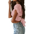 thumbnail image 3 of outfmvch crop tops for women ruffle short sleeve tie up back crop off shoulder womens tops crop tops pink, 3 of 8