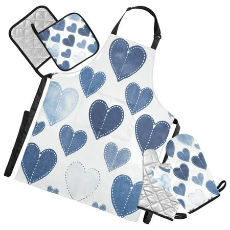 

5-Piece Kitchen Apron Set with Heat-Resistant Gloves & Insulation Mats for Cooking Baking BBQ Denim Heart Pattern