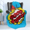 thumbnail image 4 of Chill Soft Flannel Fleece Throw Blanket, Pop Art Composition with Speech Bubble Retro Letters Heart Balloons, Cozy Plush for Indoor and Outdoor Use, 50" x 60", Blue Yellow Vermilion, by Ambesonne, 4 of 5