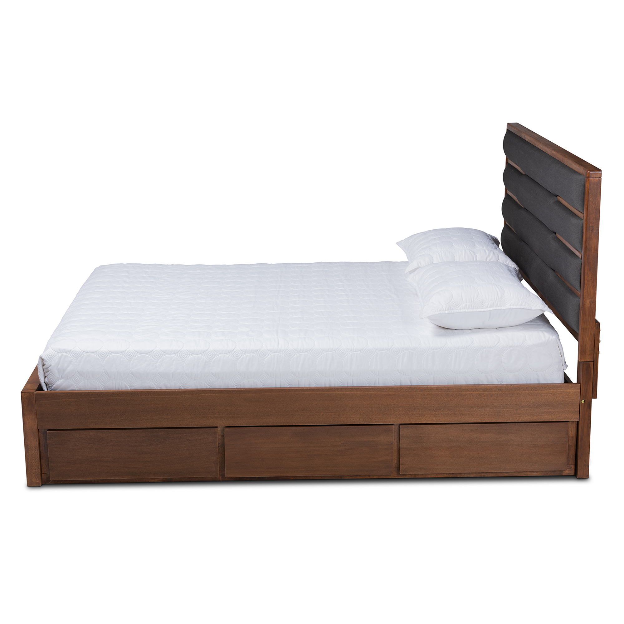 Baxton Studio Elin Modern and Contemporary Dark Gray Fabric Upholstered Walnut Finished Wood Queen Size Platform Storage Bed with Six Drawers