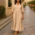 thumbnail image 6 of Uscallm Women Plus Size V Neck 3/4 Sleeve Button Down Dot Boho Midi Dress Flowy Casual Loose Maxi Travel Dresses with Elastic Waist, Yellow 2XL, 6 of 7