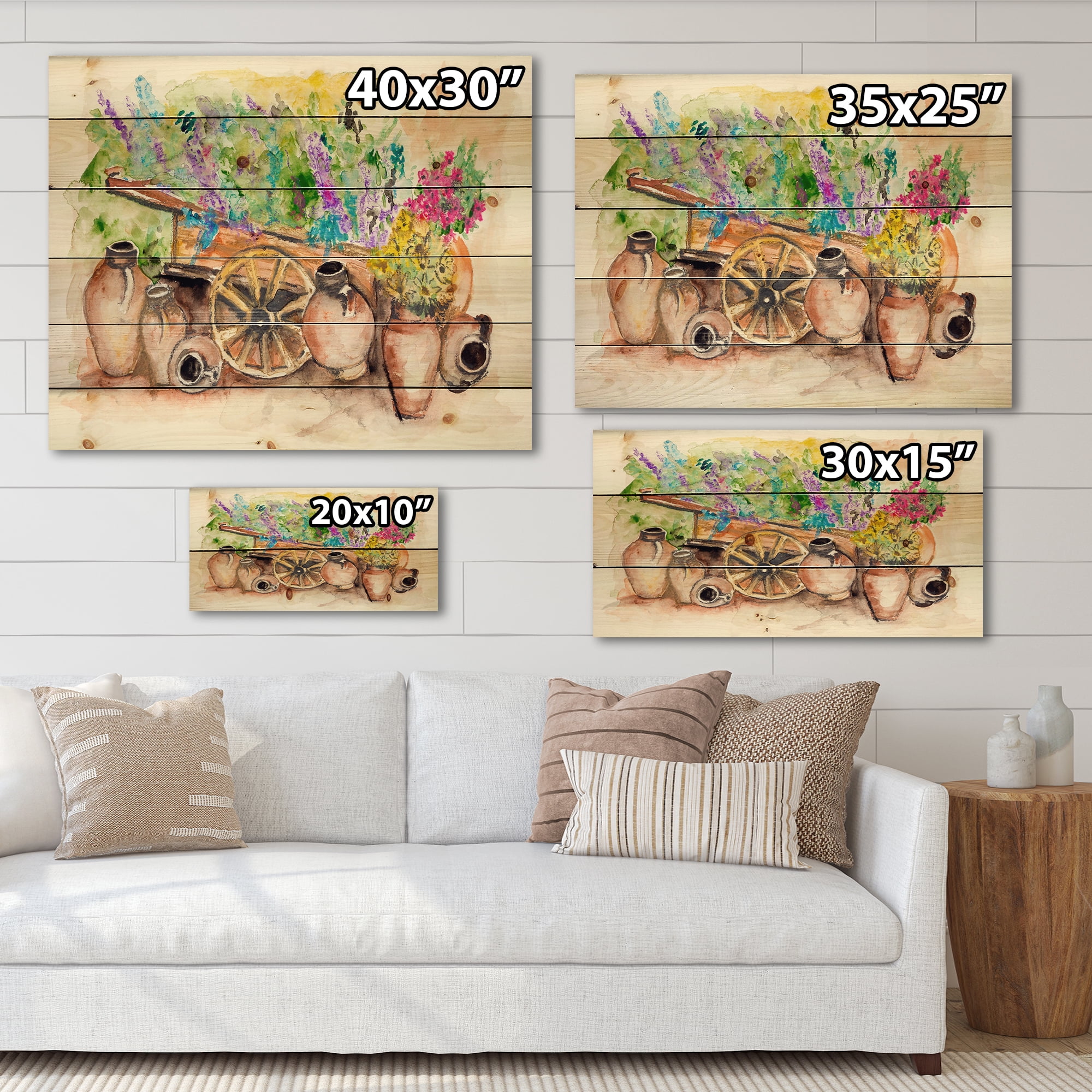 Designart 'Lavender Flowers On Ancient Cart Illustration' Traditional Print on Natural Pine Wood