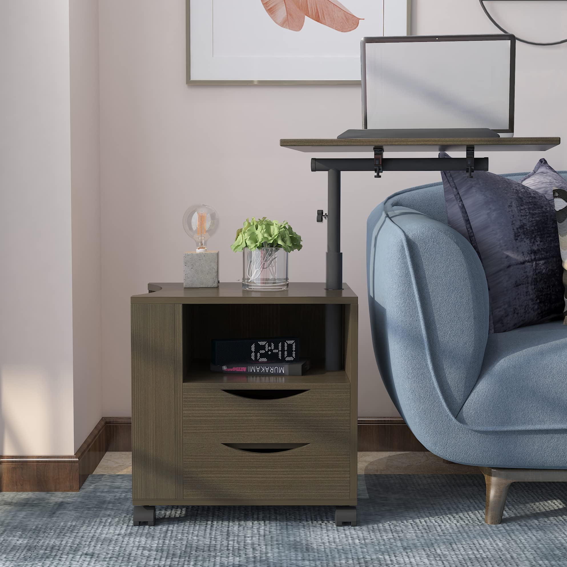 Semiocthome Modern Brown Wood Adjustable Height End Table, 2 Drawers