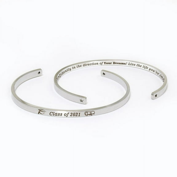 "Go confidently in the direction of…" Silver Stainless Steel Graduation Theme Hidden Message Gift for Her Cuff Bracelet with Gift Set