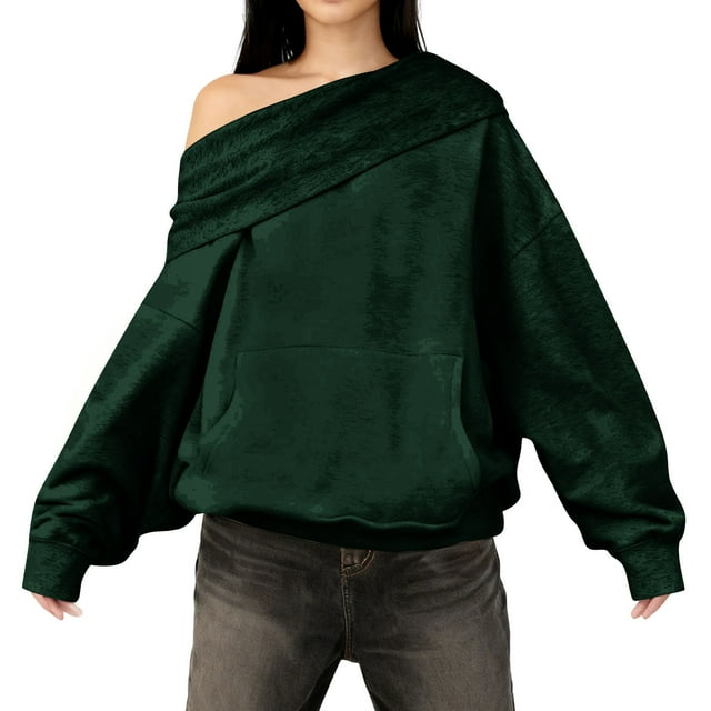AUNVITO Women's Convertible Hooded Sweatshirt Asymmetrical Shoulder Casual Long Sleeve Pullover