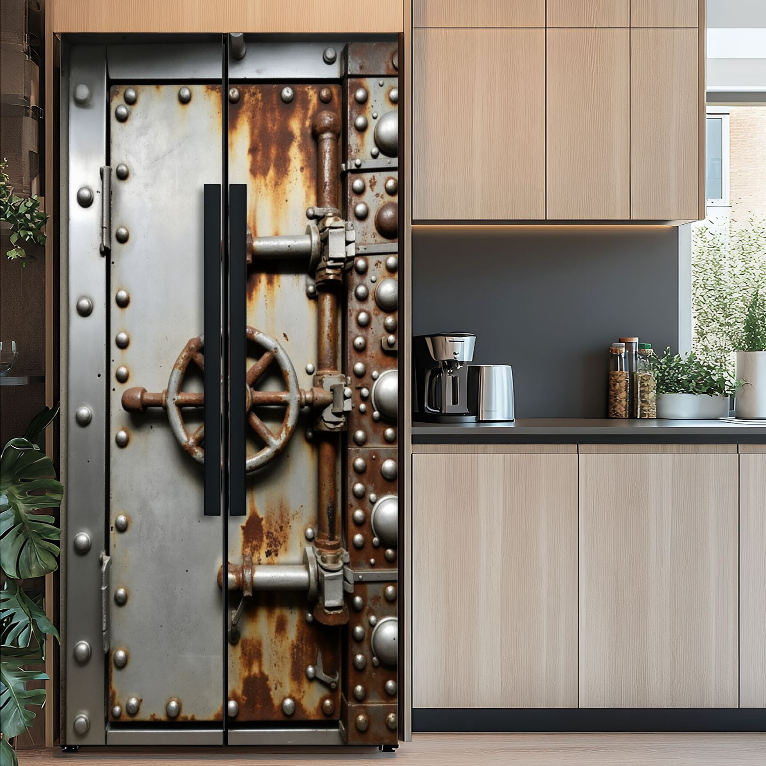 Self Adhesive Vinyl Refrigerator Wrap Set Old vault Door Mural Removable Fridge Sticker Peel and Stick&nbsp;Full Door Cover Decal Kitchen Bar Decor