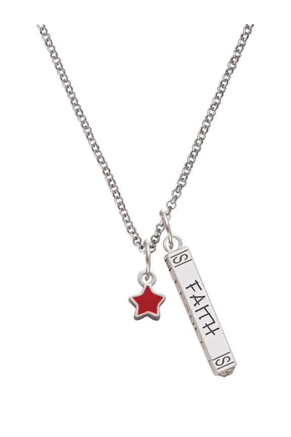 Silvertone Mini 2-D Red Star Silvertone Believe Faith Prayer Hope Bar Charm Necklace, 23"