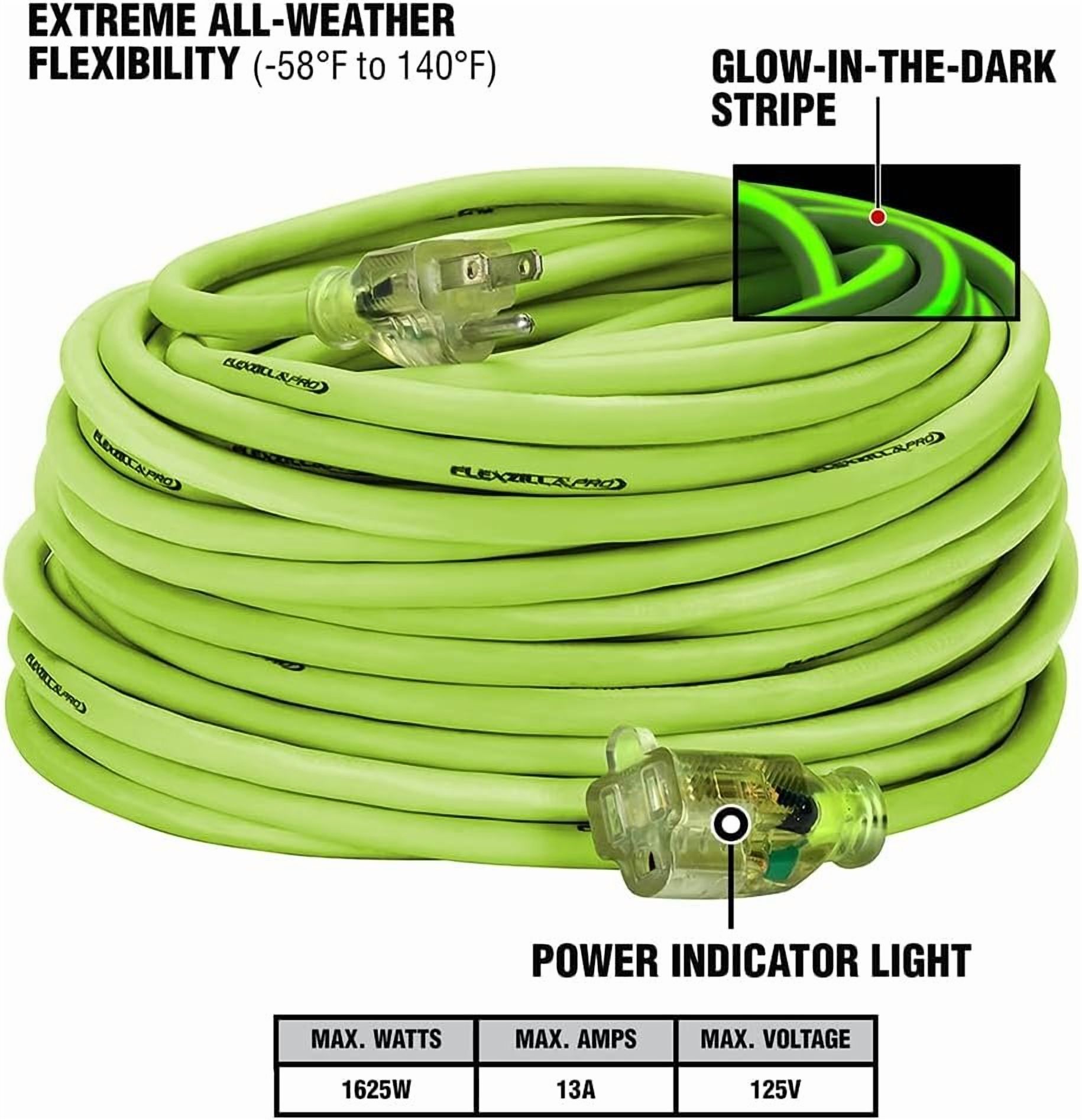 Flexzilla Pro Extension Cord, 14/3 AWG SJTW, 100 ft., Lighted Plug, Indoor/Outdoor, ZillaGreen - FZ512735