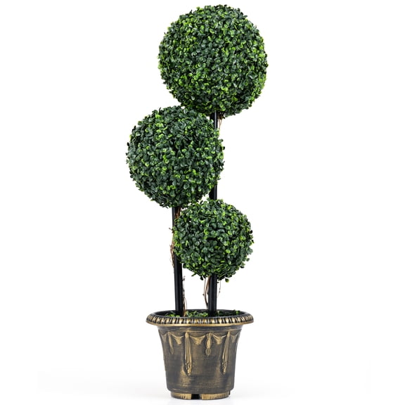 Gymax 3 FT Artificial Boxwood Topiary Tree Sun-Protective Triple Ball ShrubsIndoor
