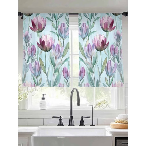 Blossoming Botanical Prints Sheer Curtains for Living Room Bedroom Blue Purple Green Floral Sheer Curtains 54 Inch Long 2 Panels Set Light Filtering Curtain Window Treatments Drapes for Dining Room