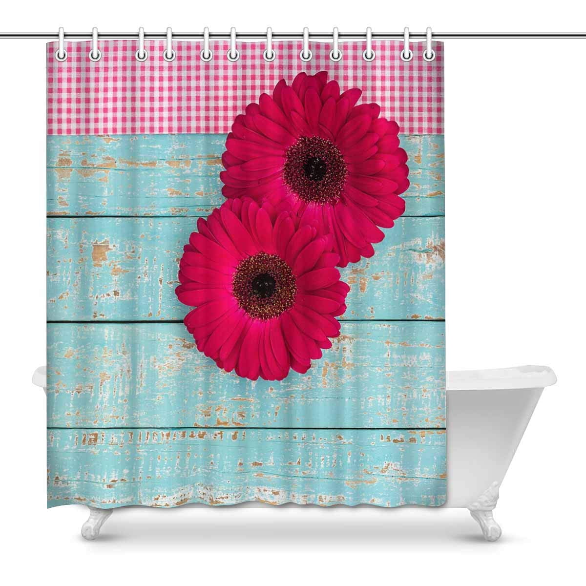 MKHERT Pink Gerbera Daisy Flowers on Turquoise Blue Wood Decor