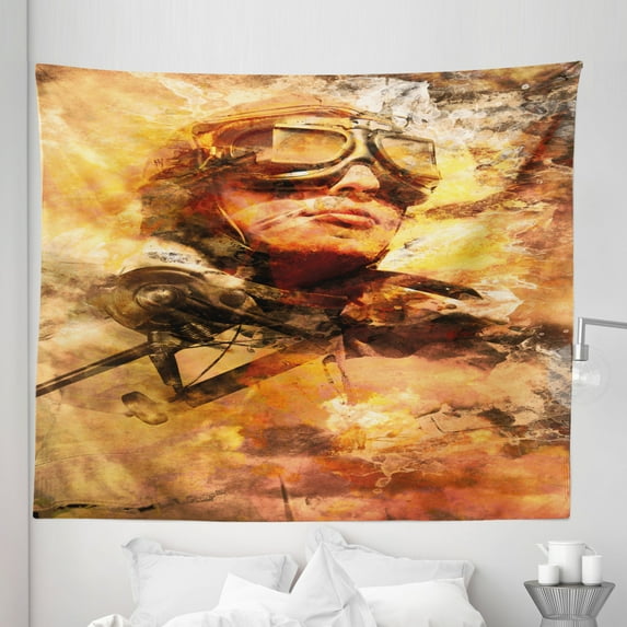 Vintage Airplane Tapestry, Abstract Portrait Male Pilot with Fighter Plane Pastel Color Dramatic Sky, Fabric Wall Hanging Decor for Bedroom Living Room Dorm, 5 Sizes, Multicolor, by Ambesonne