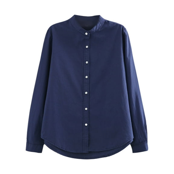 Summer Tops for Women Fashion Long Sleeve Solid Button Korean Shirt Casual Loose Blouse Tunic plus Size Tops for Ladies Top Long Sleeve Stretch Ladies Dressy Swing Short Shirts with Dark Blue
