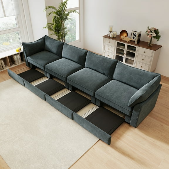 Large Comfortable 4-Seater Sofa with Storage Drawers Under Each Seat, Soft Chenille Fabric Living Room Couch for Families
