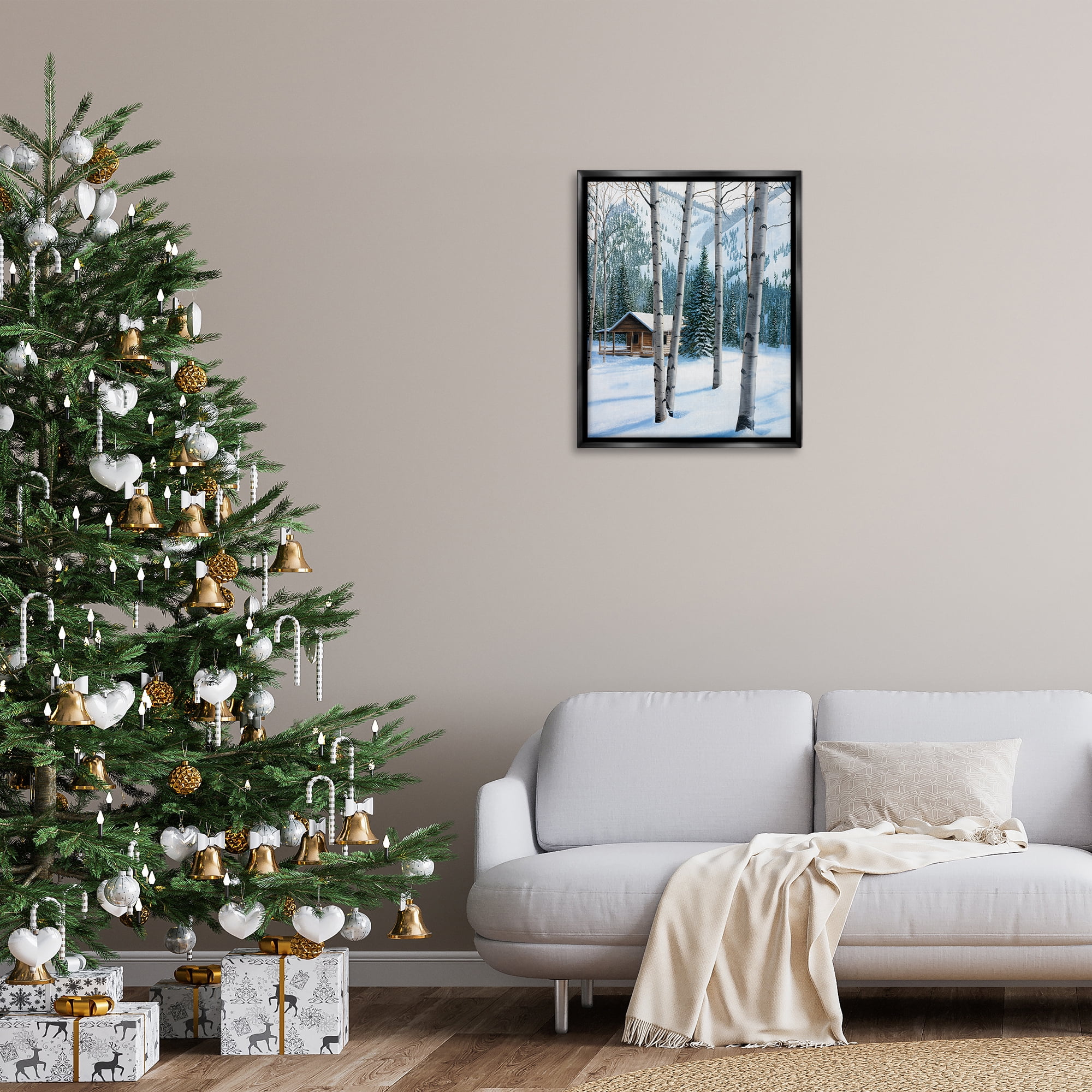 Stupell Industries Snowy Cabin Through Birch Landscape Painting Black Floater Framed Canvas Art Prints Wall Art, 25 x 31