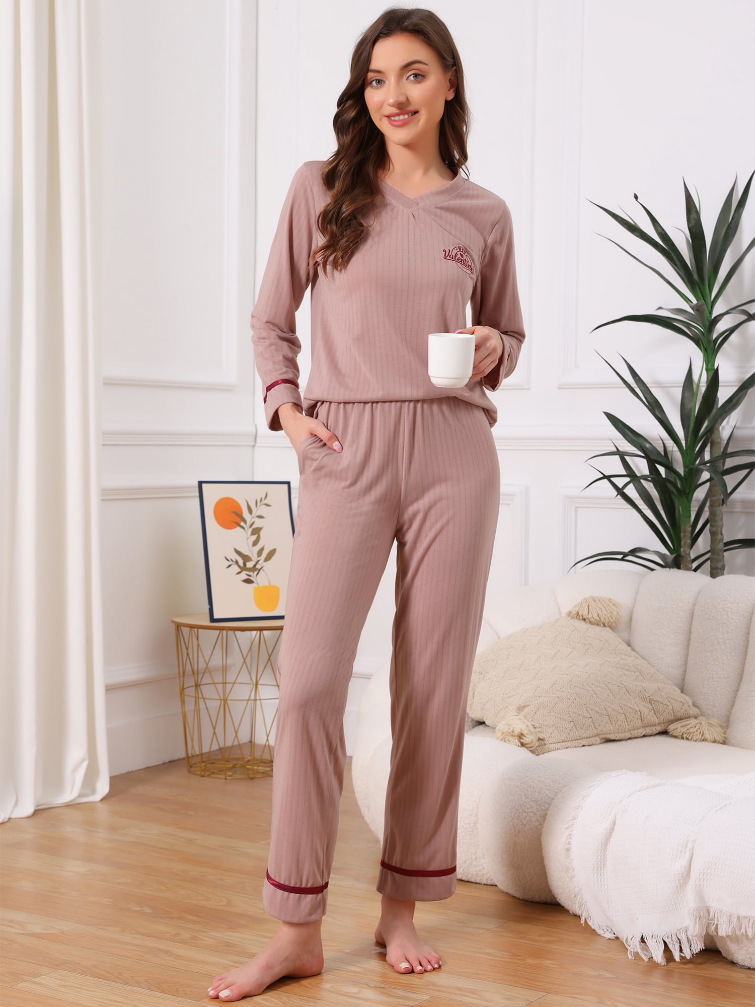 DARING DIVA Women's Cotton Ribbed Pullover V-neck Tops with Bottoms Pajama Sets S Pink