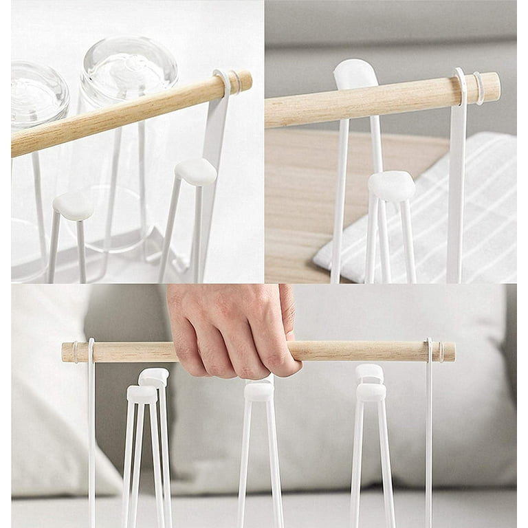 Cup Drying Rack Stand with Drain Tray, Metal Bottle Drying Organizer with  Wood Handle for 6 Cups or Mugs,White,F111524
