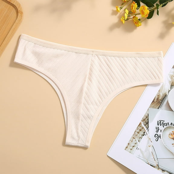 LYEAA 100% Cotton Underwear for Women Thong Low Rise Cool Bikini Breathable Comfort Solid Cute Daily Panties Seamless Fashionable Underpants Beige L