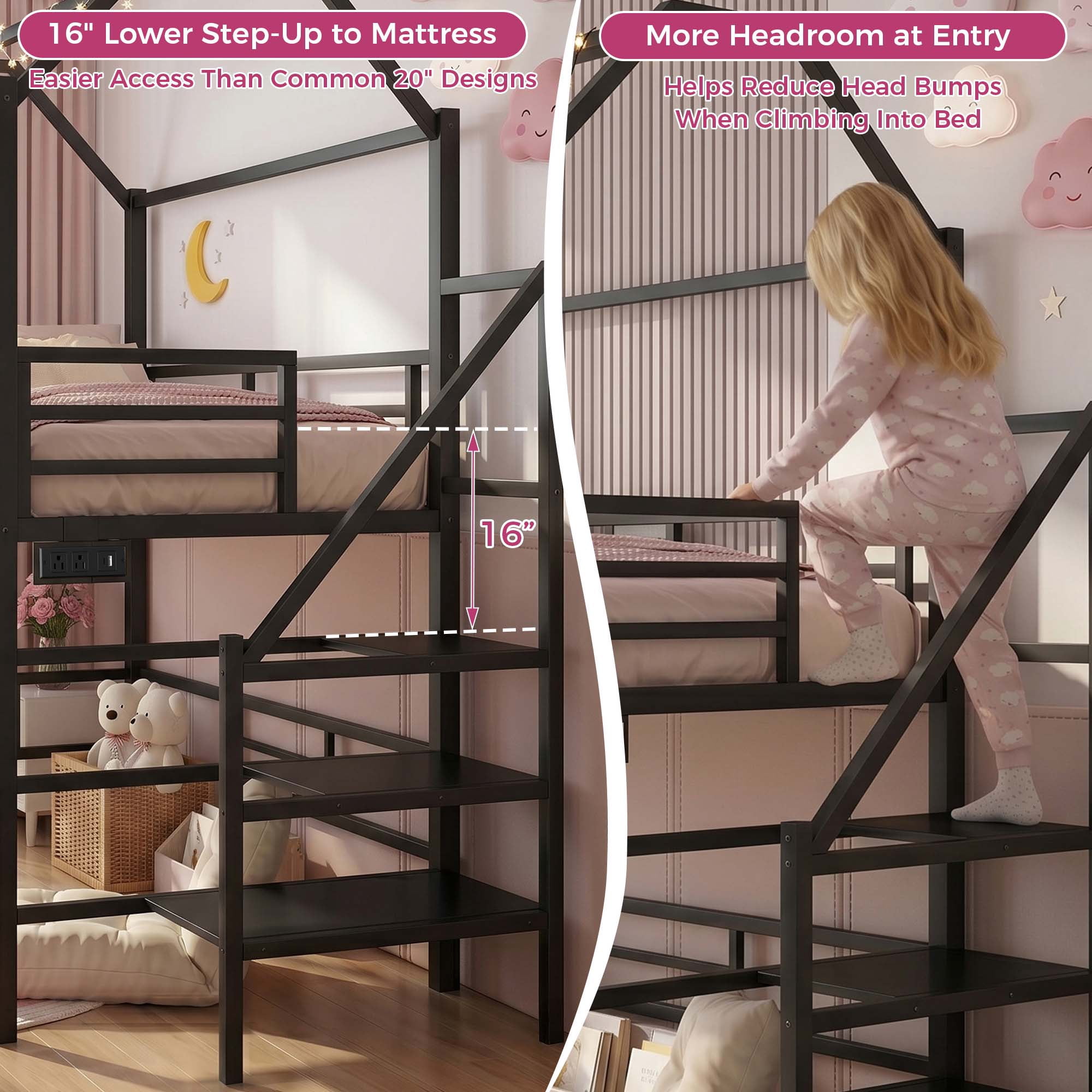 Miniyam Full Size Bunk Bed with Stairs, House Bed Design with Charging Station and Storage Bag Led Light, Black