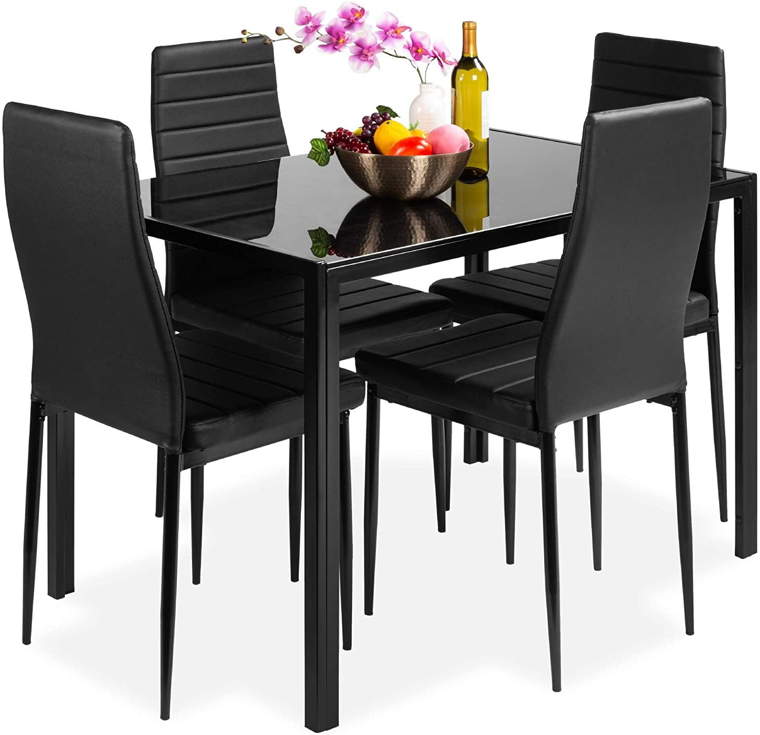 5 PCS Dining room Set Glass Dining Table 4 Swivel Chair with Metal Wood Leg for Dining Room Kitchen Furniture Black 
