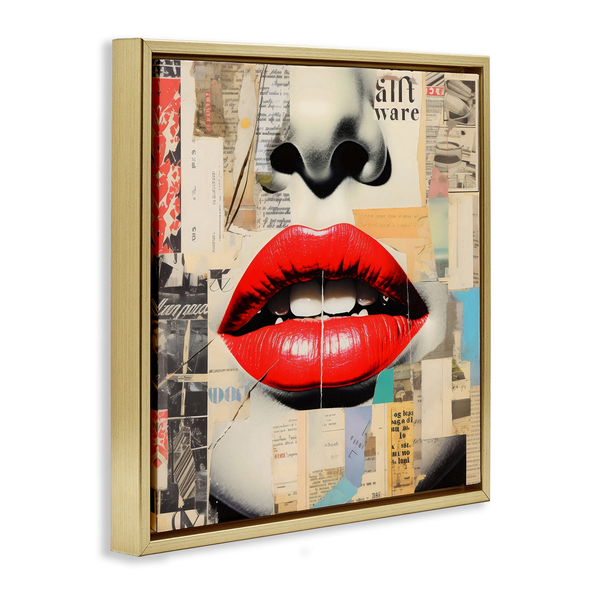 Stupell Industries Fashion Collage with Scarlet Lips Gold Framed Floater Canvas Wall Art, design by Creative Studio
