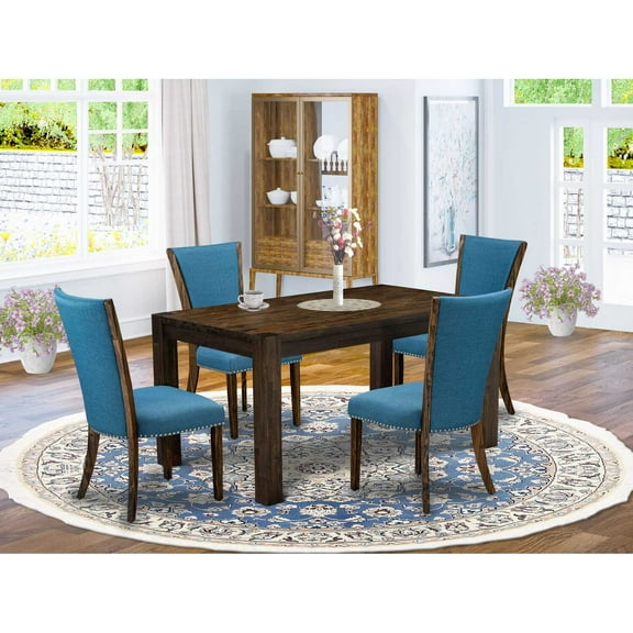 East West Furniture - CNVE5-77-21 - 5-Pc Dining Room Table Set- 4 Parson Chairs and Modern Rectangular Dining Table - Blue Linen Fabric Seat and High Chair Back - Distressed Jacobean Finish
