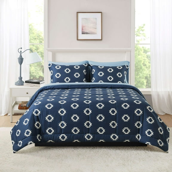 Mainstays 7-Piece Reversible Bed in a Bag Comforter Set with Sheets, Navy Geo, Queen