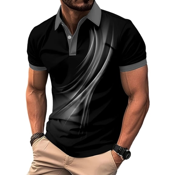 Fnnxeal Mens Polo Shirts Graphic Short Sleeve Summer Button Collared Casual Polo Gray Shirts for Men Size 2XL