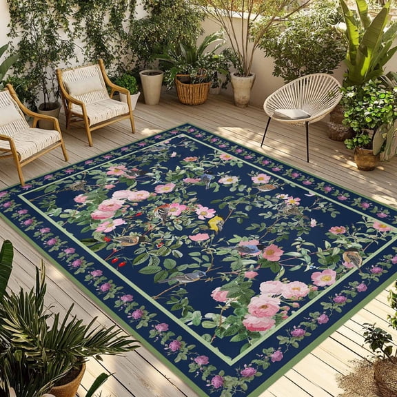 Navy Blue Flowers Outdoor Rug for Patio/Deck/Porch, Non-Slip Large Area Rug 4 x 6 Ft, Spring Floral Elegant Pastoral Botanical Indoor Outdoor Rugs Washable Area Rugs, Camping Rug Carpet Runner