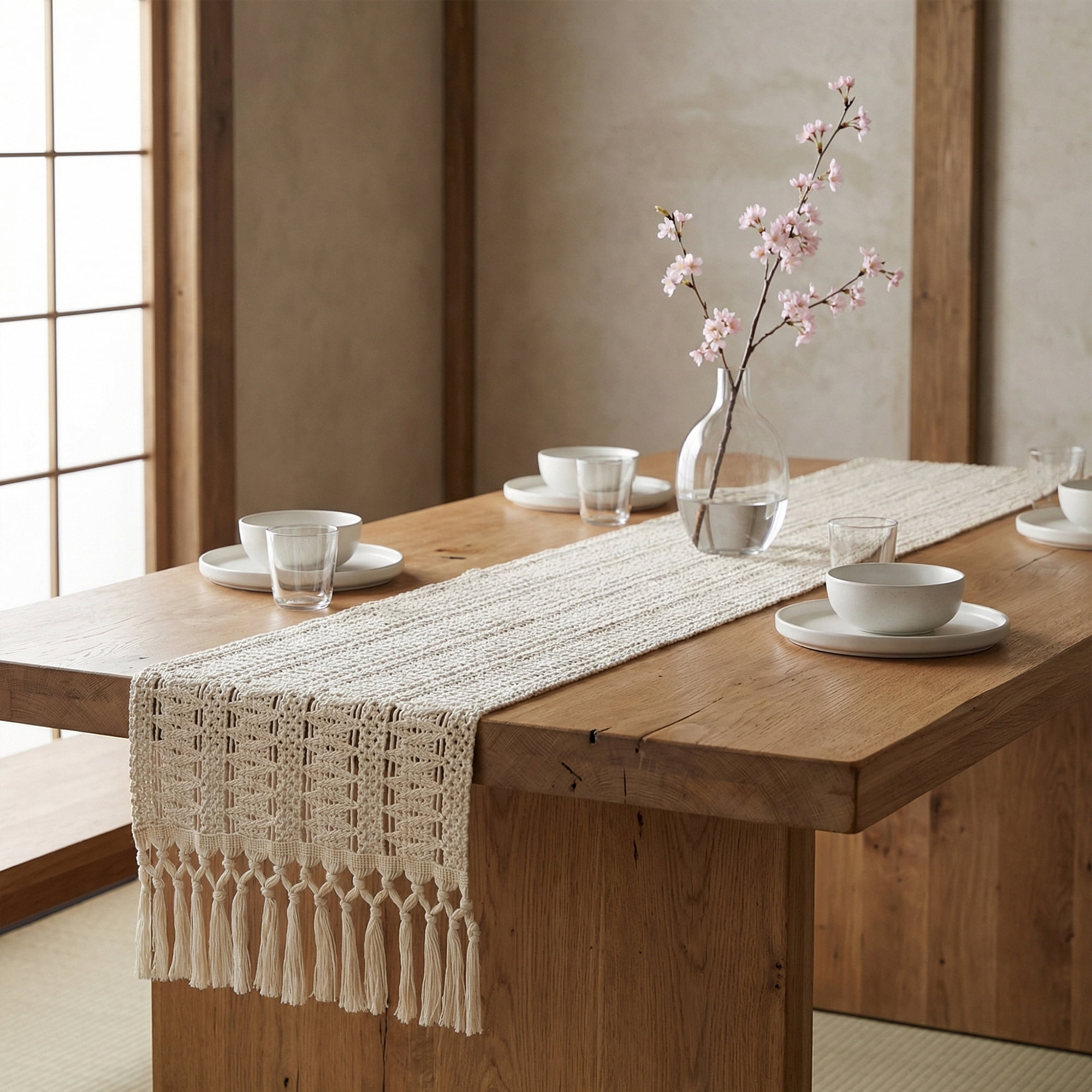 Unique Bargains Kitchen Decor Table Runner with Tassel Large Hollow 11.8x78.7in