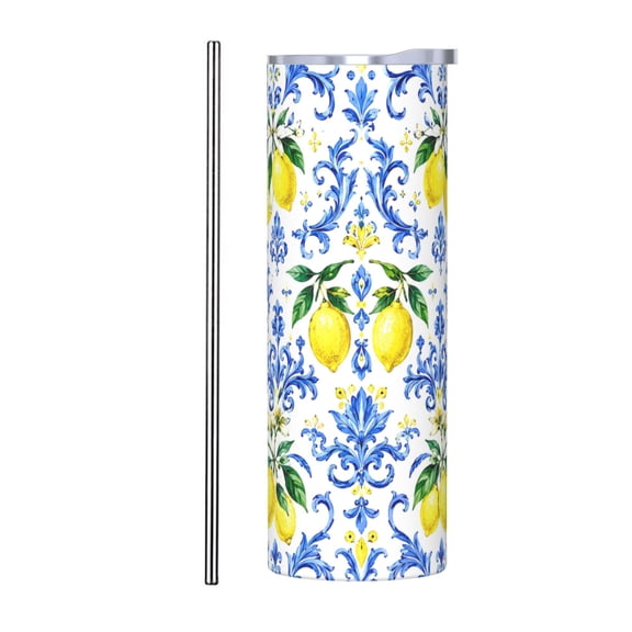 20oz Lemon Tile Tumbler with Straw Mediterranean Citrus Floral Stainless Steel Insulated Travel Coffee Cup Gift with Stainless Steel Straw