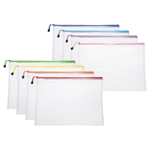 Uxcell 8pcs Mesh Zipper Pouch Bags A3 17" x 12" Plastic Waterproof Mesh File Bag Clear Document Zipper Pouches for Classroom Home Travel Office Supplies Organization, 8 Colors