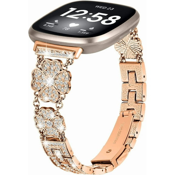 REQO Compatible with Fitbit versa 4/versa3/Sense 2/Sense Bands for Women Girl, Four-leaf lucky grass design Metal Replacement Wristbands Strap with Bling Crystal Rhinestone Band Strap