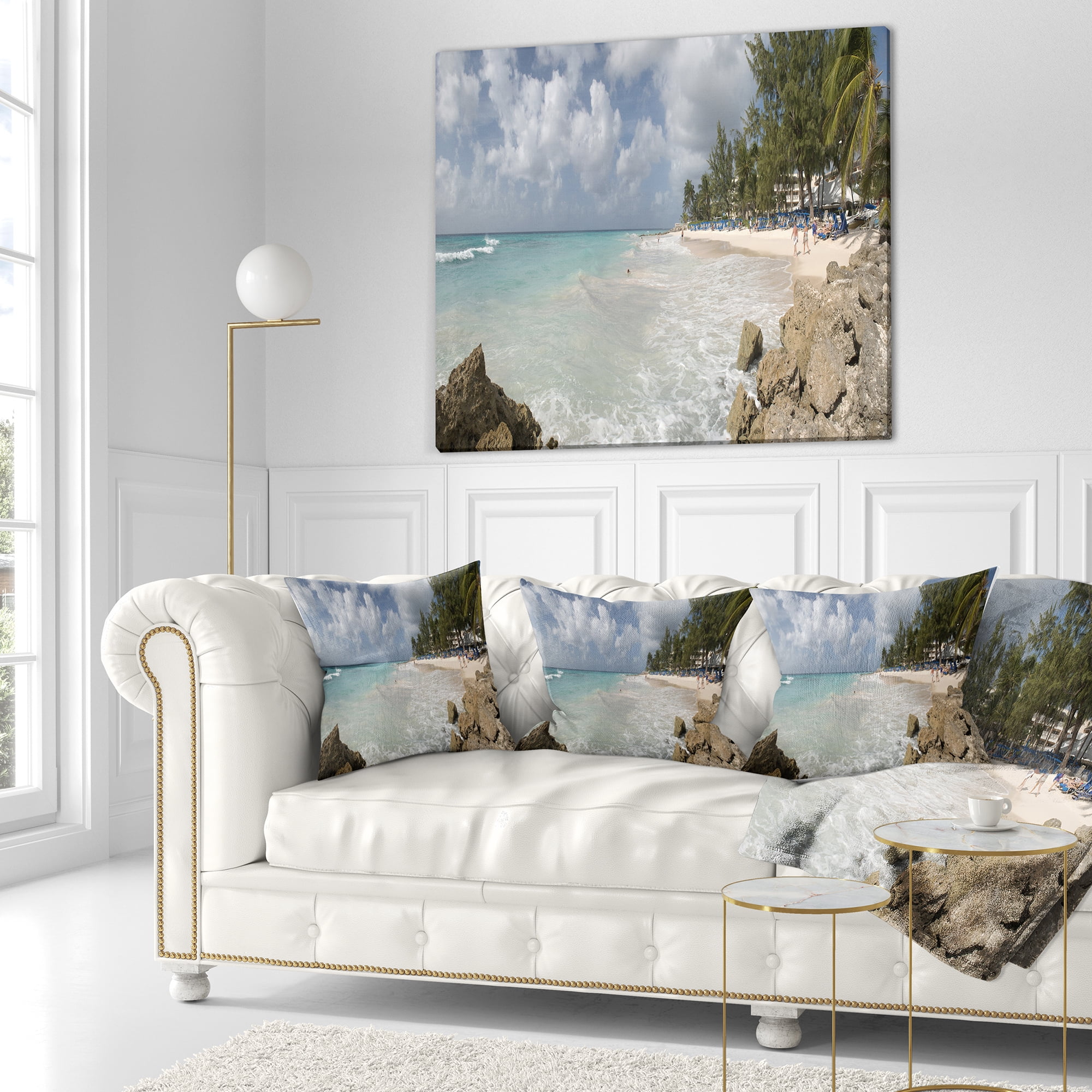 Designart Barbados Island White Seashore - Modern Seascape Throw Pillow - 16x16